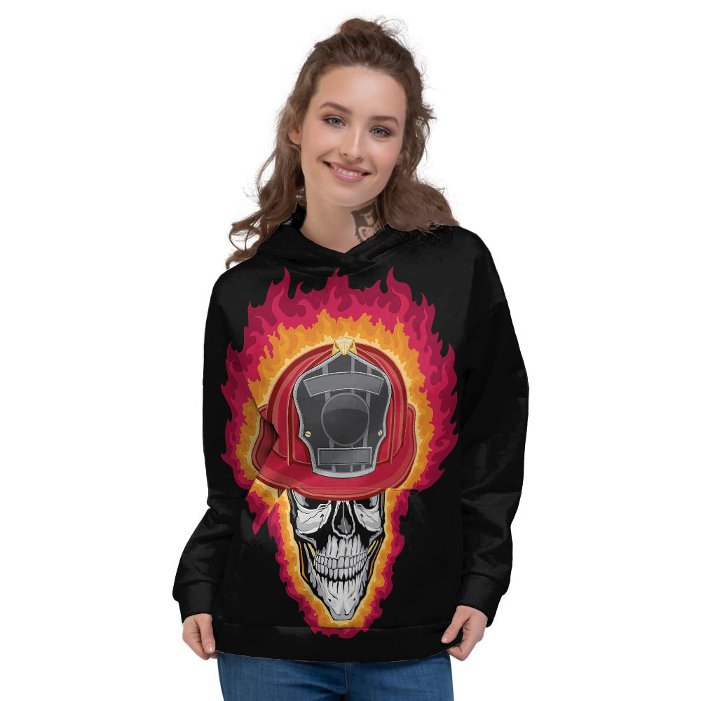 Firefighter Skull Flaming Print Women's Hoodie-grizzshop