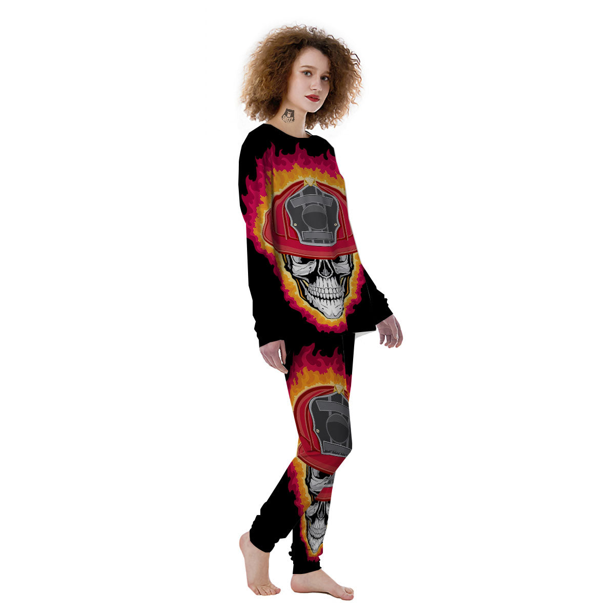 Firefighter Skull Flaming Print Women's Pajamas-grizzshop