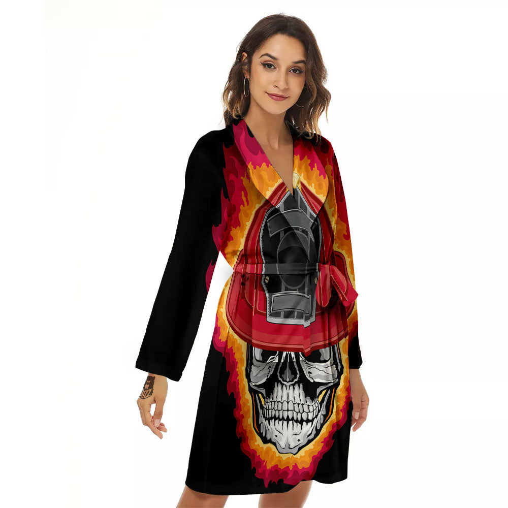 Firefighter Skull Flaming Print Women's Robe-grizzshop