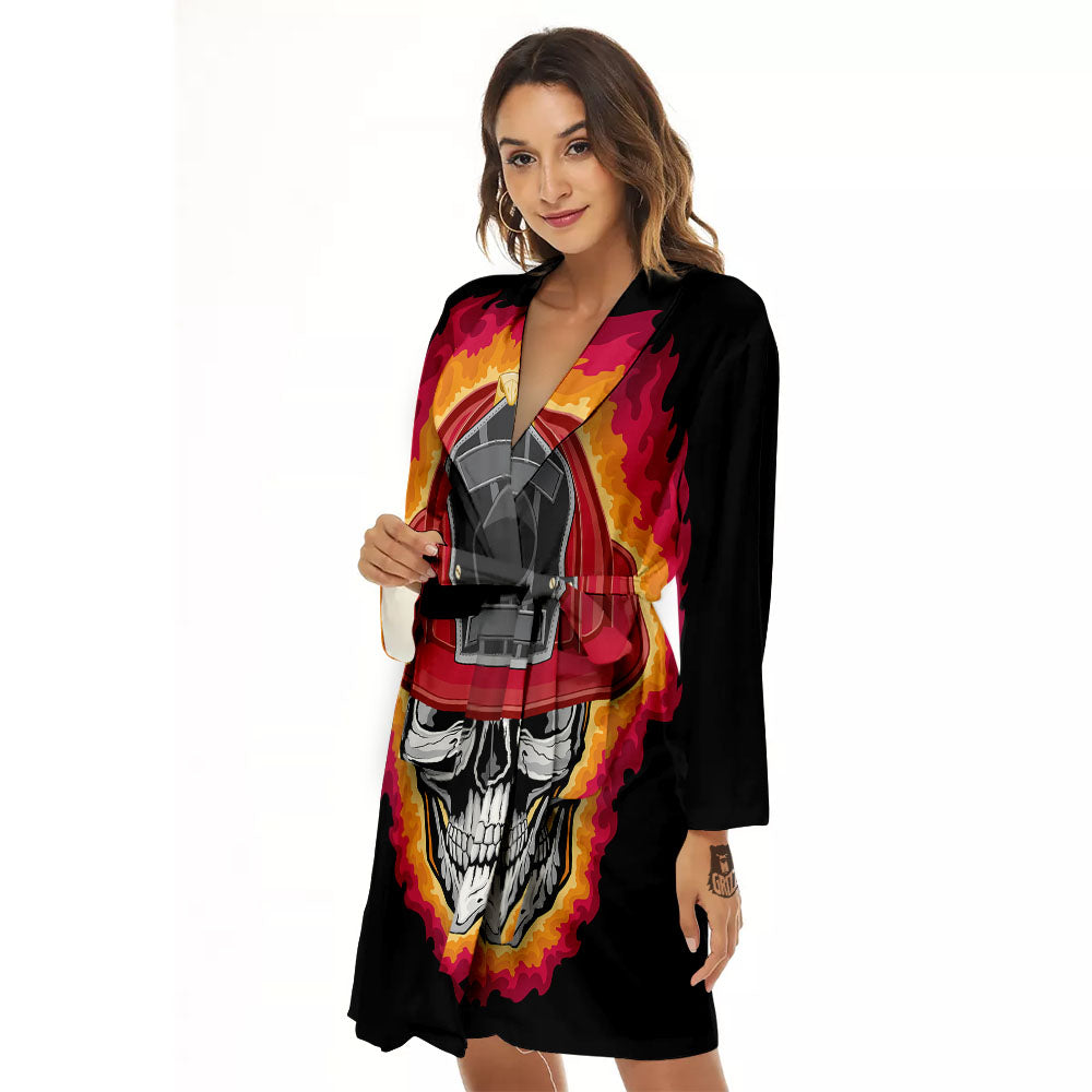 Firefighter Skull Flaming Print Women's Robe-grizzshop