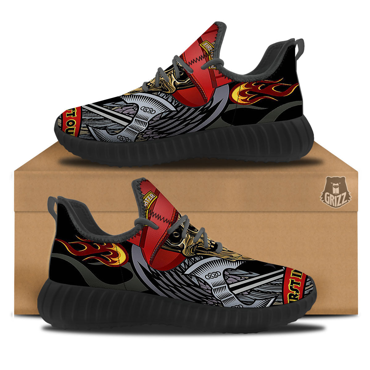 Firefighter Volunteer Print Black Walking Shoes-grizzshop