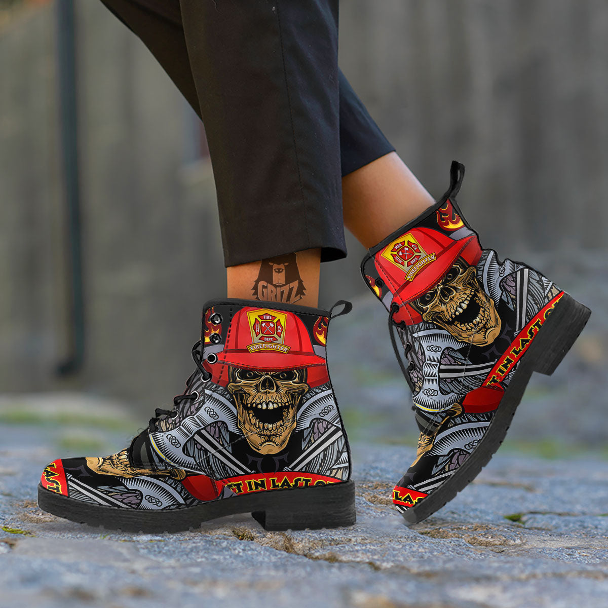 Firefighter Volunteer Print Leather Boots-grizzshop