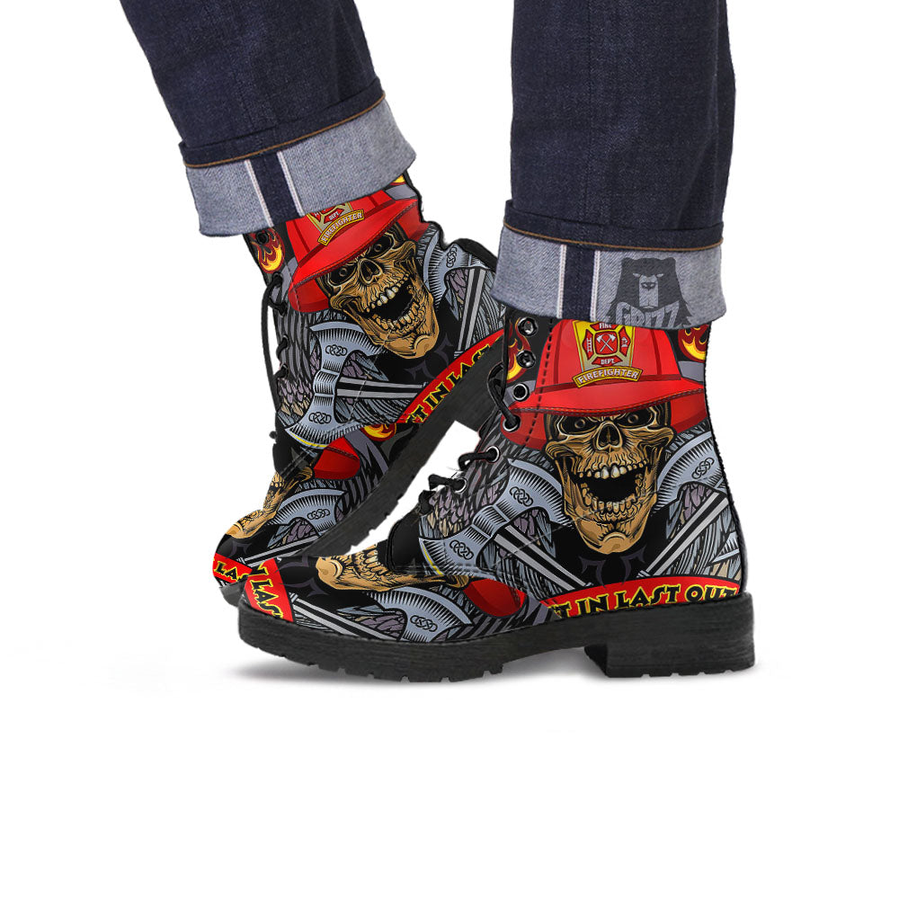 Firefighter Volunteer Print Leather Boots-grizzshop