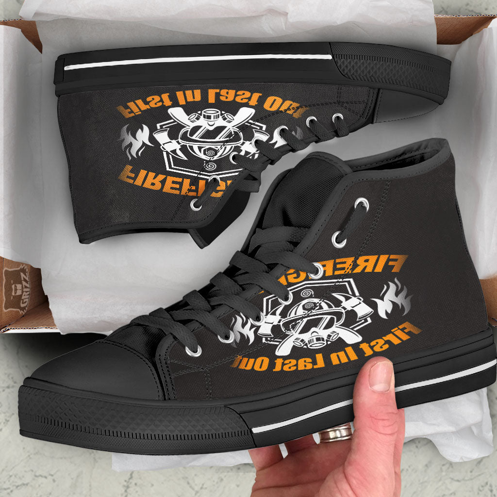 First In Last Out Firefighter Print Black High Top Shoes-grizzshop