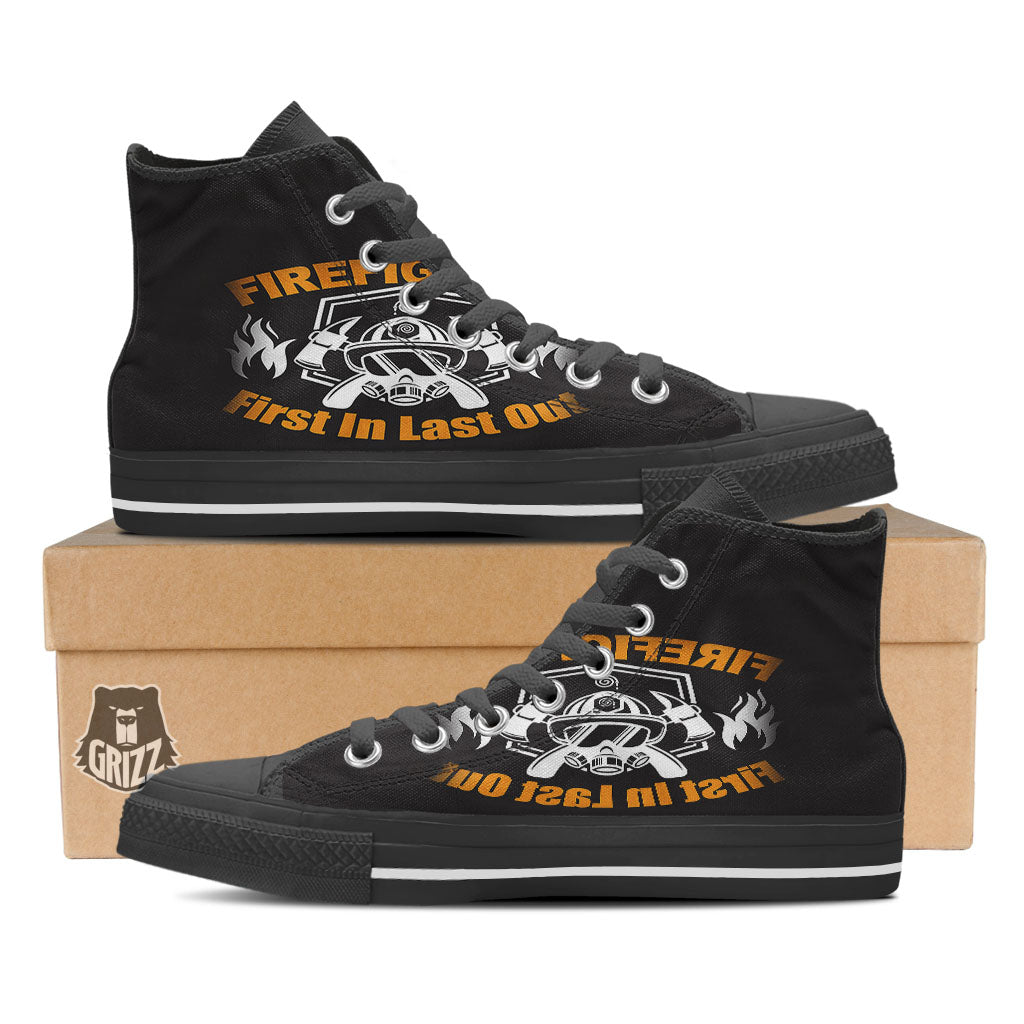 First In Last Out Firefighter Print Black High Top Shoes-grizzshop