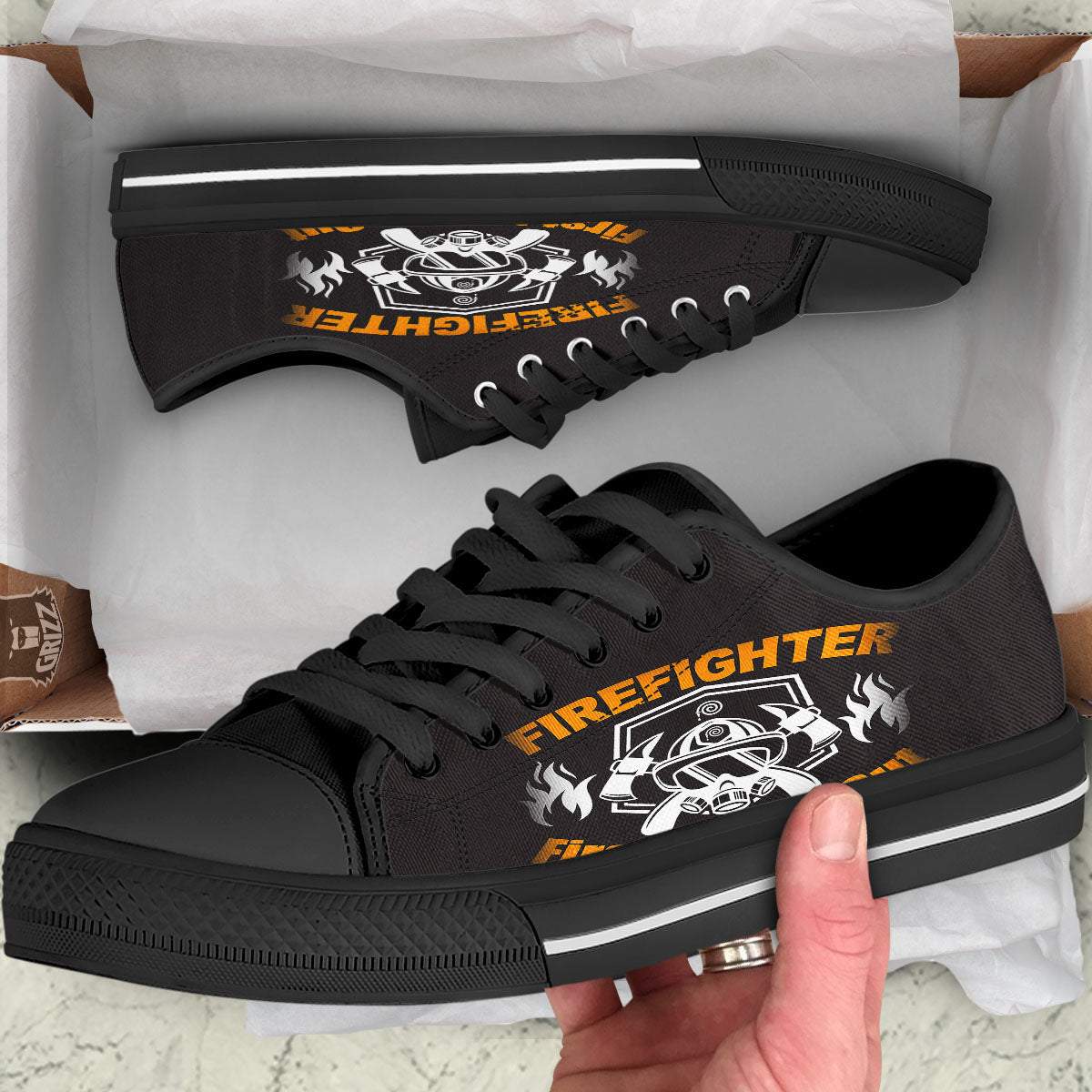 First In Last Out Firefighter Print Black Low Top Shoes-grizzshop