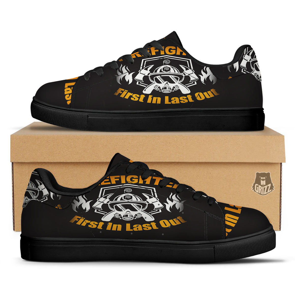 First In Last Out Firefighter Print Black Low Top Sneakers-grizzshop