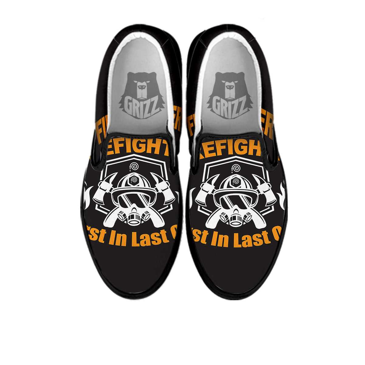 First In Last Out Firefighter Print Black Slip On Shoes-grizzshop