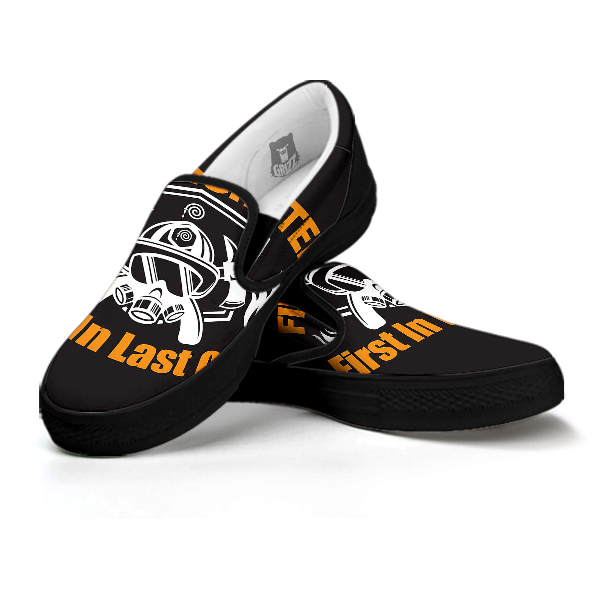 First In Last Out Firefighter Print Black Slip On Shoes-grizzshop