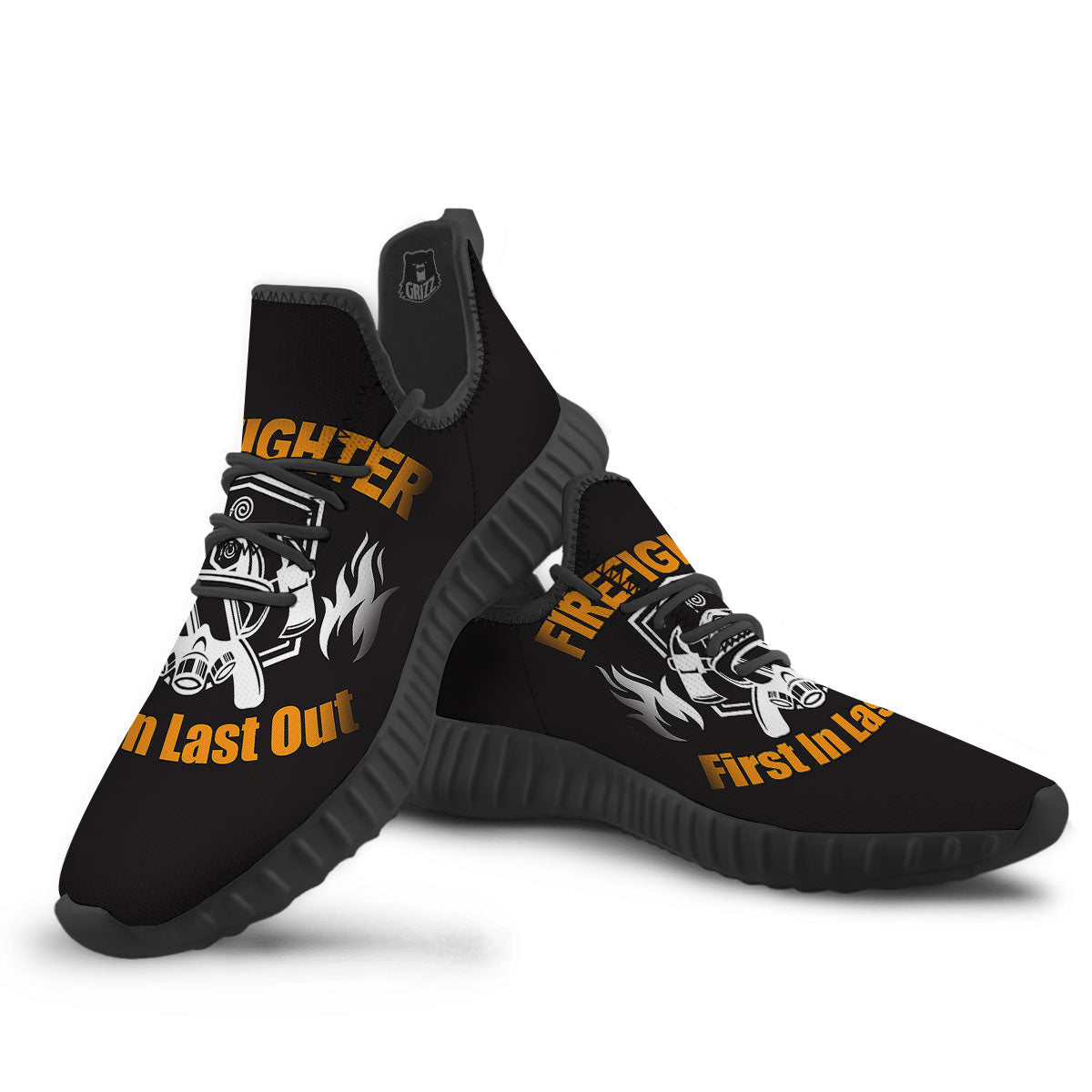 First In Last Out Firefighter Print Black Walking Shoes-grizzshop