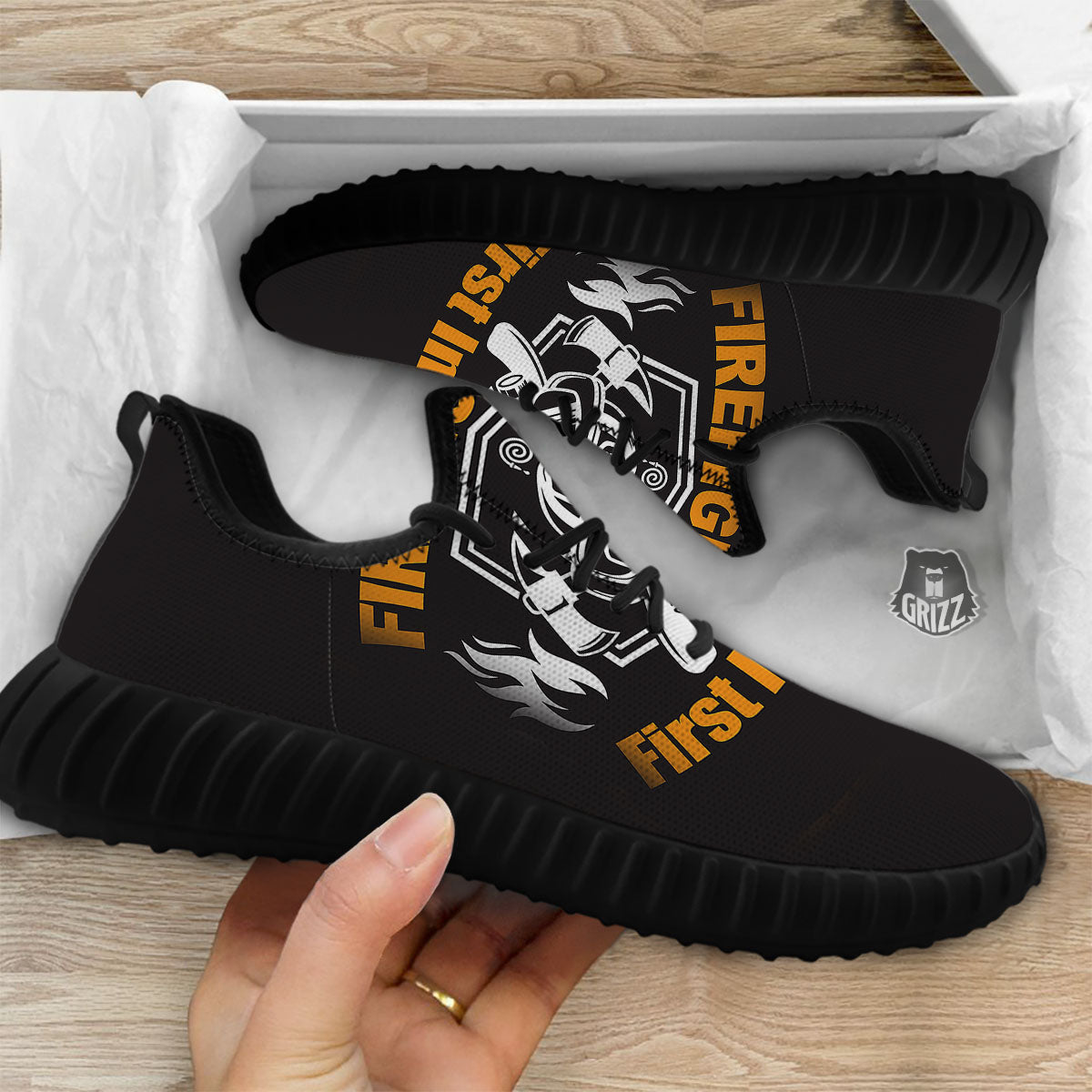First In Last Out Firefighter Print Black Walking Shoes-grizzshop