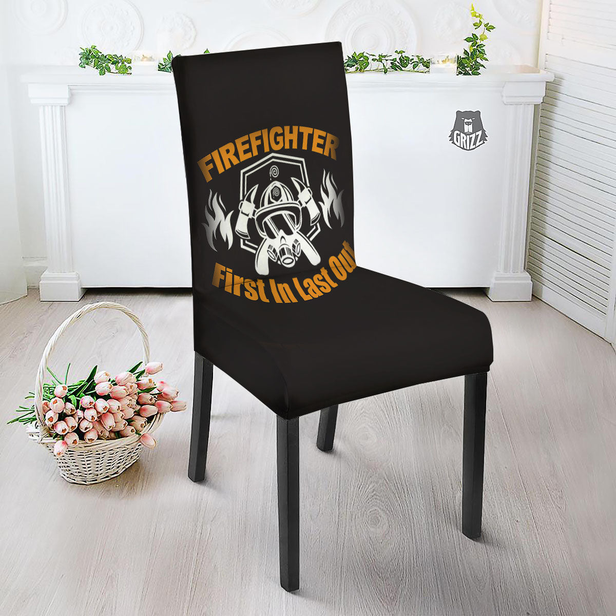 First In Last Out Firefighter Print Dining Chair Slipcover-grizzshop