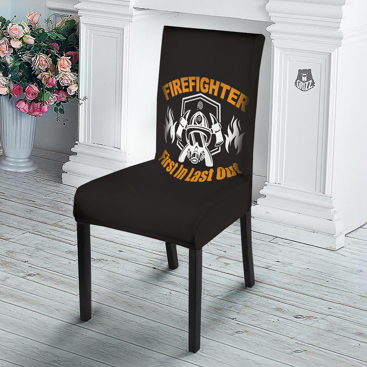 First In Last Out Firefighter Print Dining Chair Slipcover-grizzshop