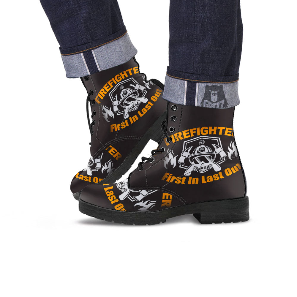 First In Last Out Firefighter Print Leather Boots-grizzshop