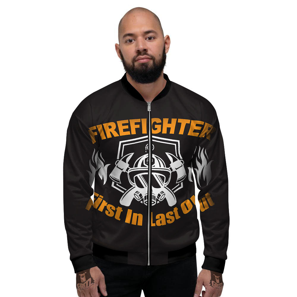 First In Last Out Firefighter Print Men's Bomber Jacket-grizzshop