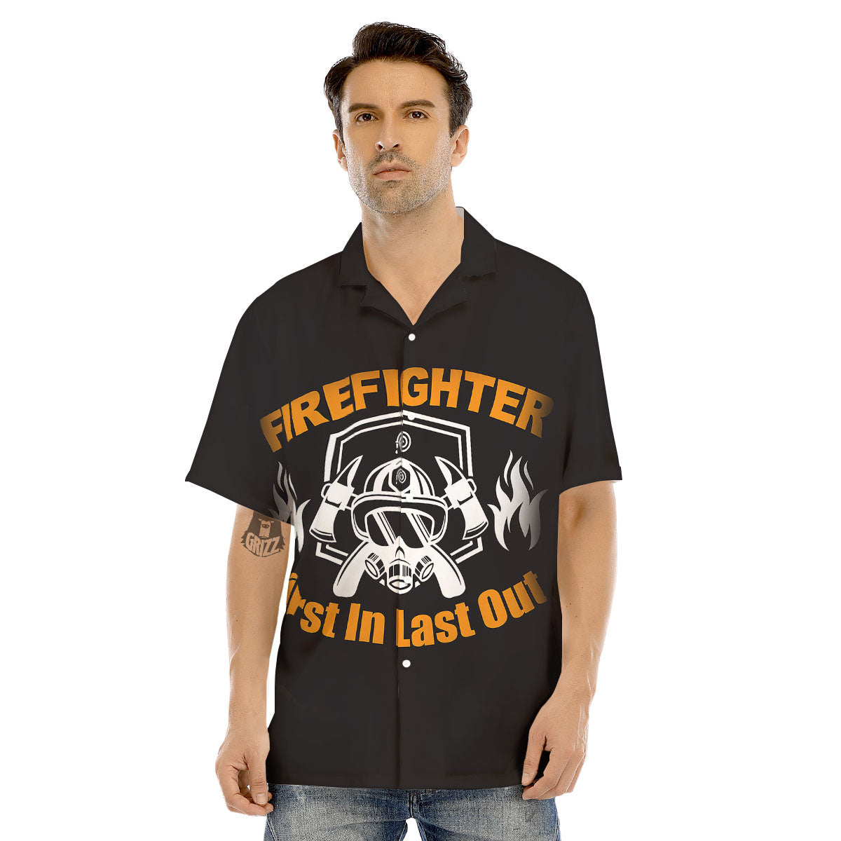 First In Last Out Firefighter Print Men's Hawaiian Shirt-grizzshop