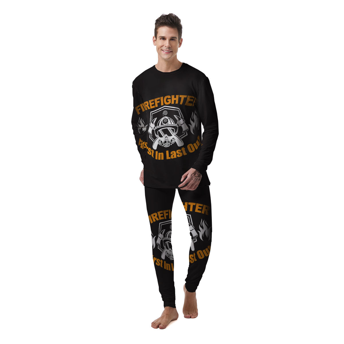 First In Last Out Firefighter Print Men's Pajamas-grizzshop