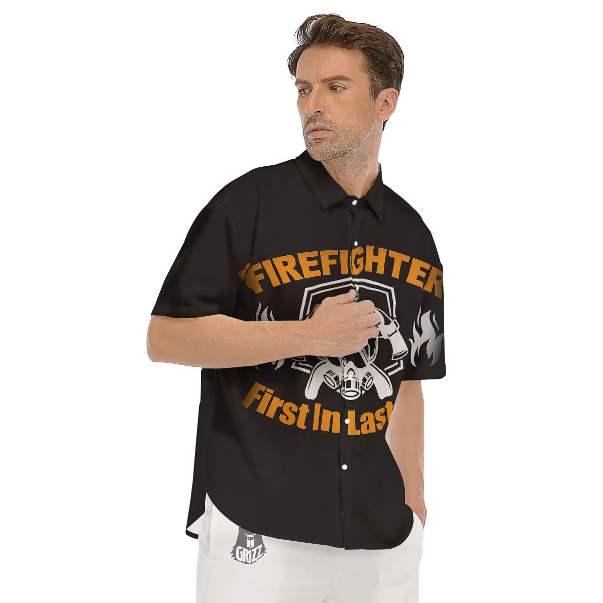 First In Last Out Firefighter Print Men's Short Sleeve Shirts-grizzshop