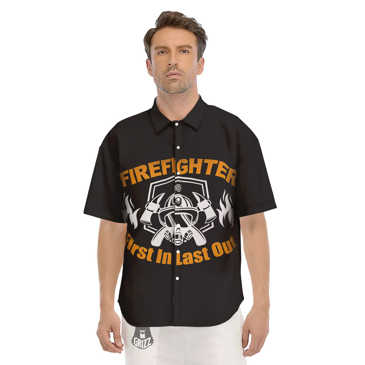 First In Last Out Firefighter Print Men's Short Sleeve Shirts-grizzshop