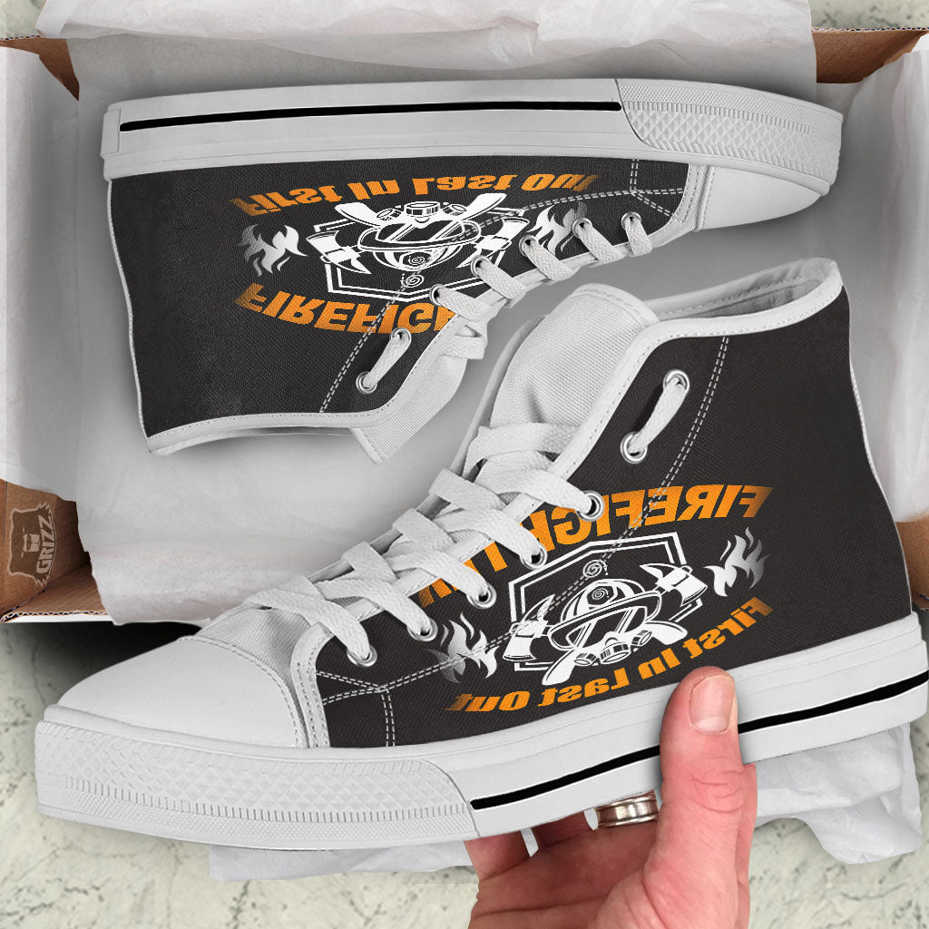 First In Last Out Firefighter Print White High Top Shoes-grizzshop