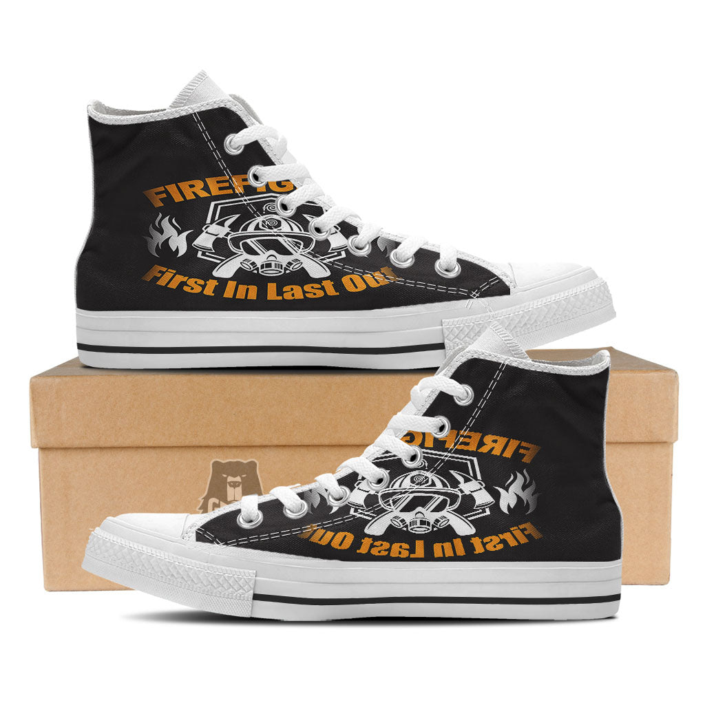 First In Last Out Firefighter Print White High Top Shoes-grizzshop