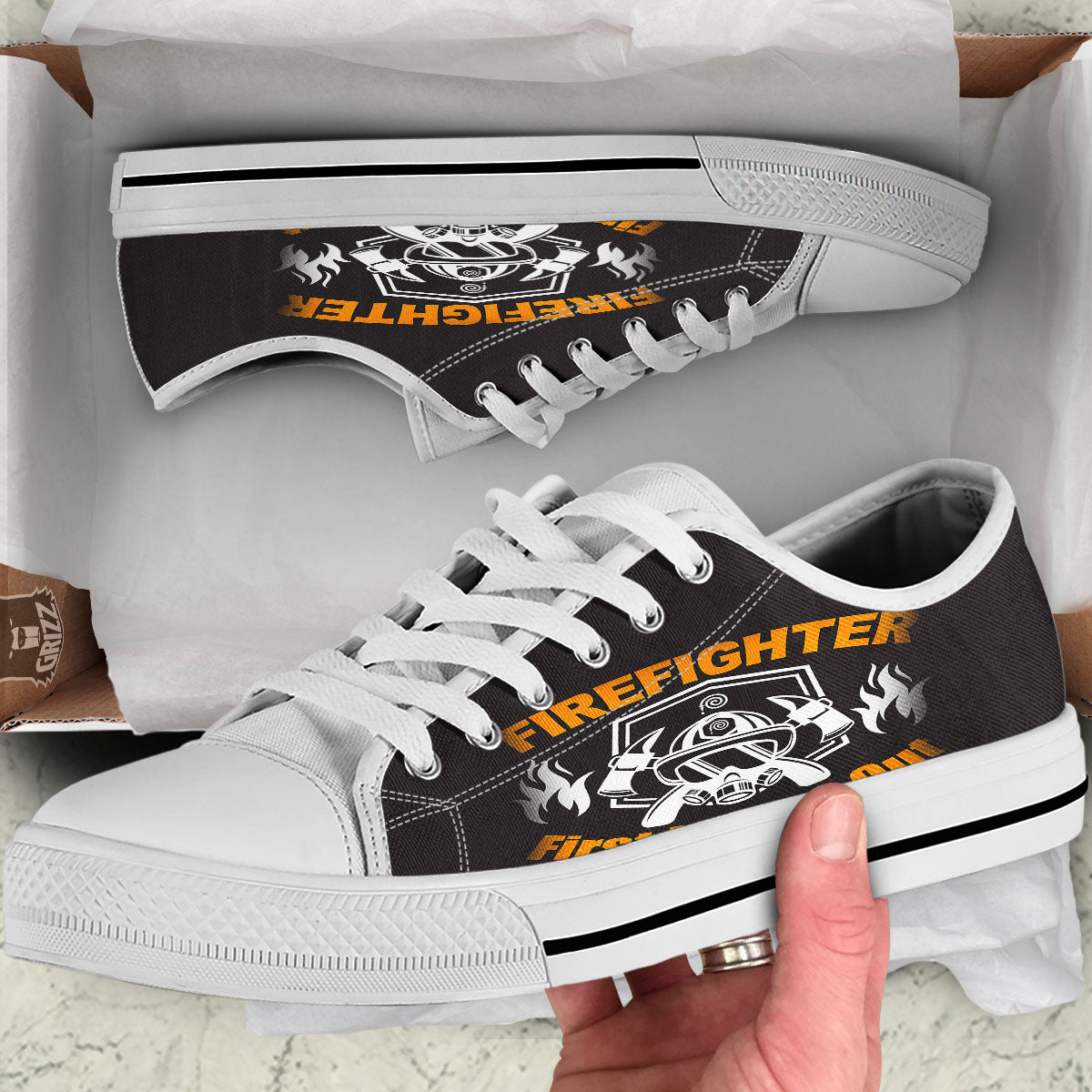 First In Last Out Firefighter Print White Low Top Shoes-grizzshop