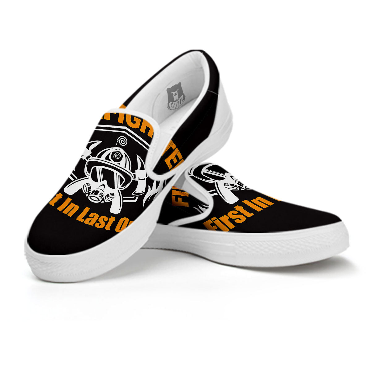 First In Last Out Firefighter Print White Slip On Shoes-grizzshop