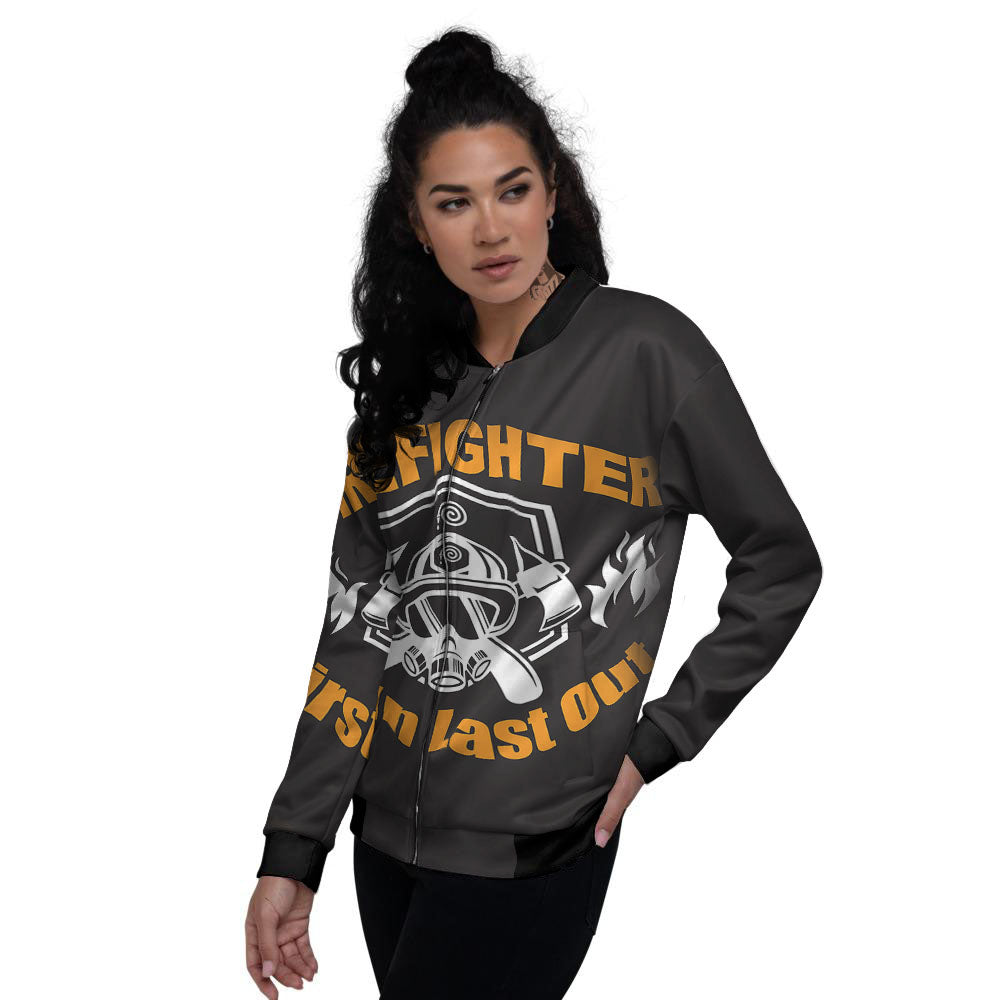 First In Last Out Firefighter Print Women's Bomber Jacket-grizzshop