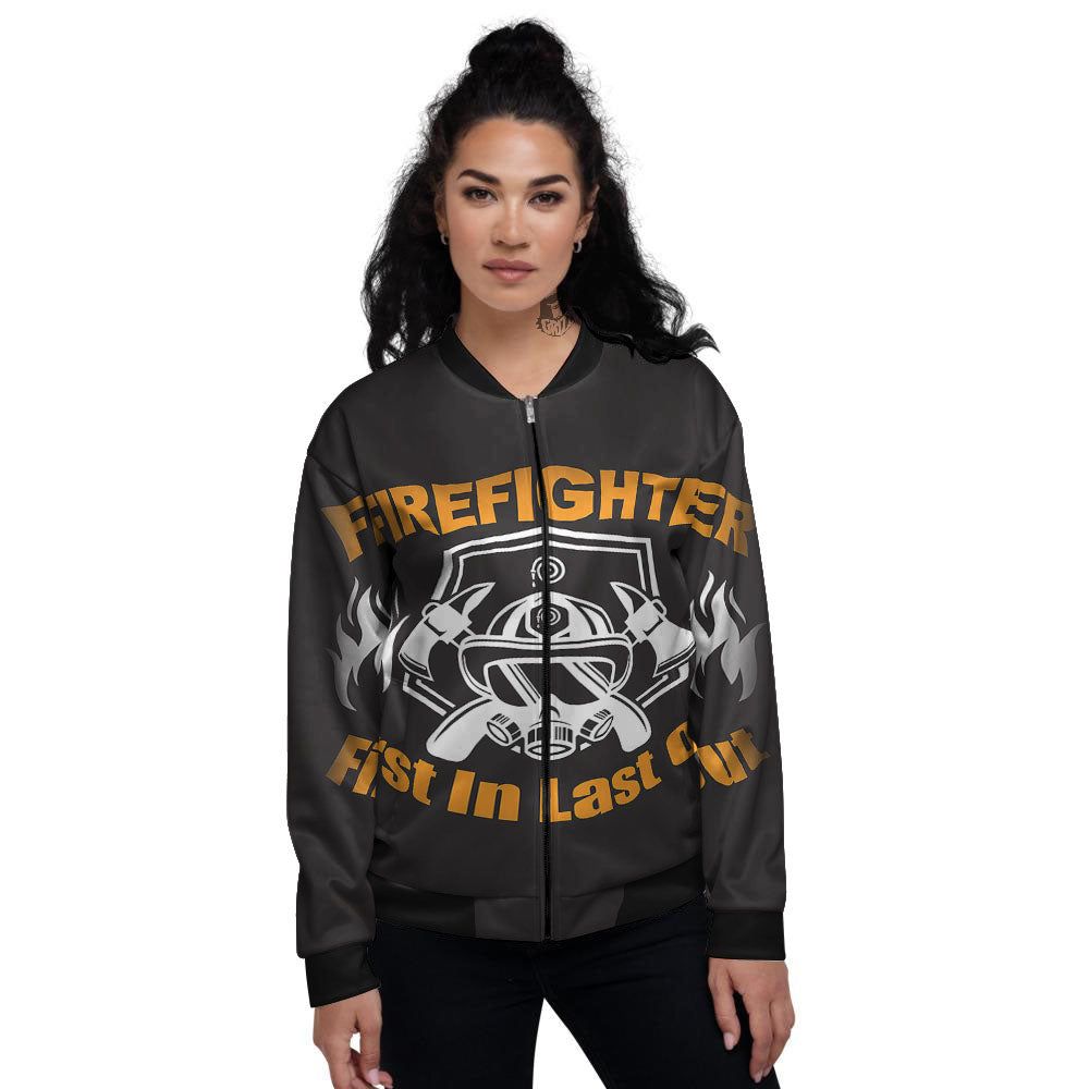 First In Last Out Firefighter Print Women's Bomber Jacket-grizzshop