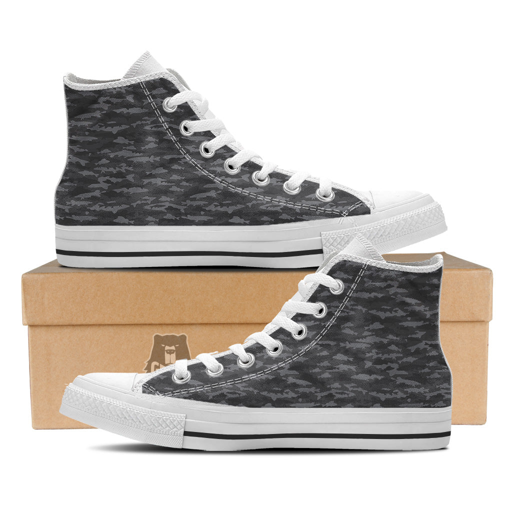 Fish Camouflage Grey Print Pattern White High Top Shoes-grizzshop
