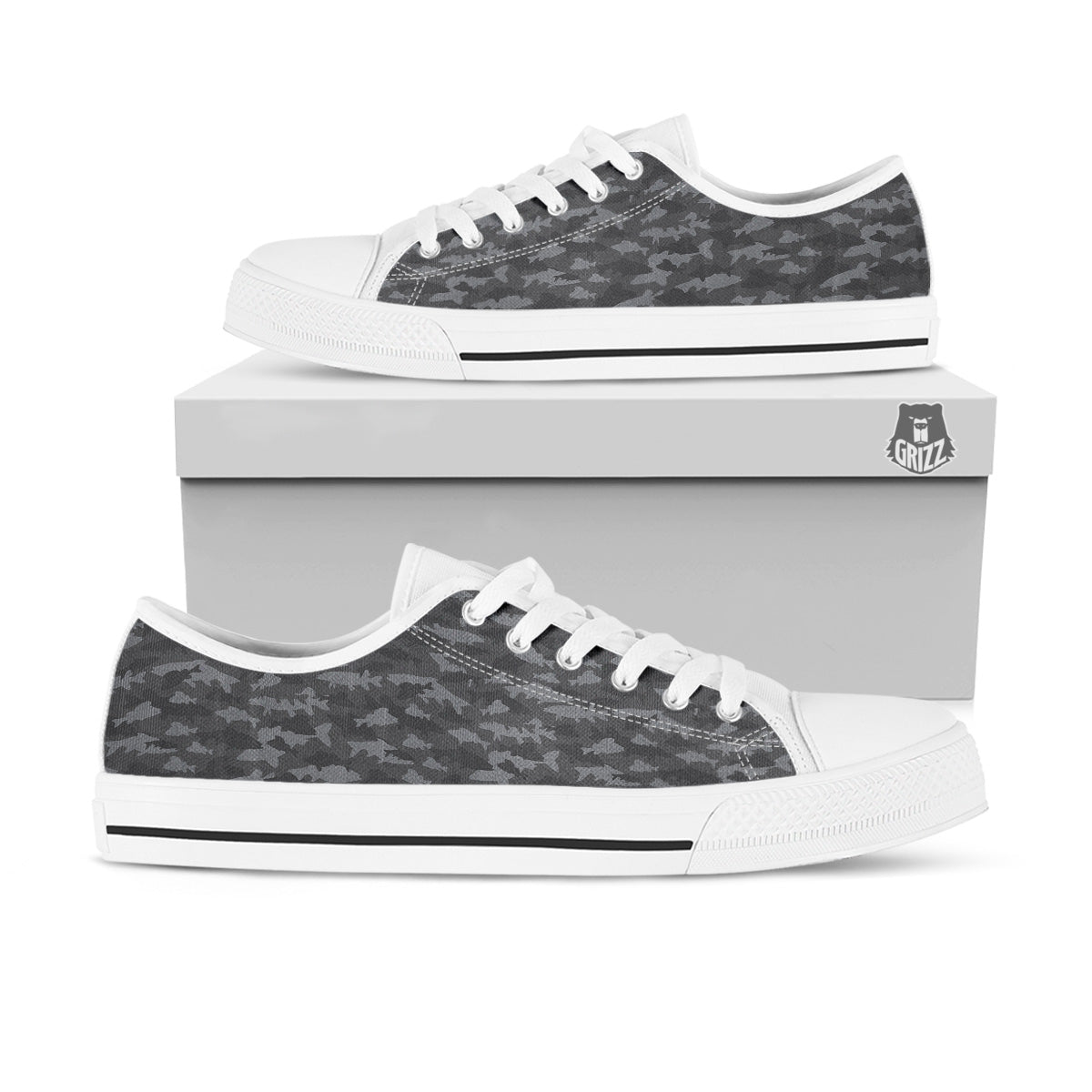 Fish Camouflage Grey Print Pattern White Low Top Shoes-grizzshop