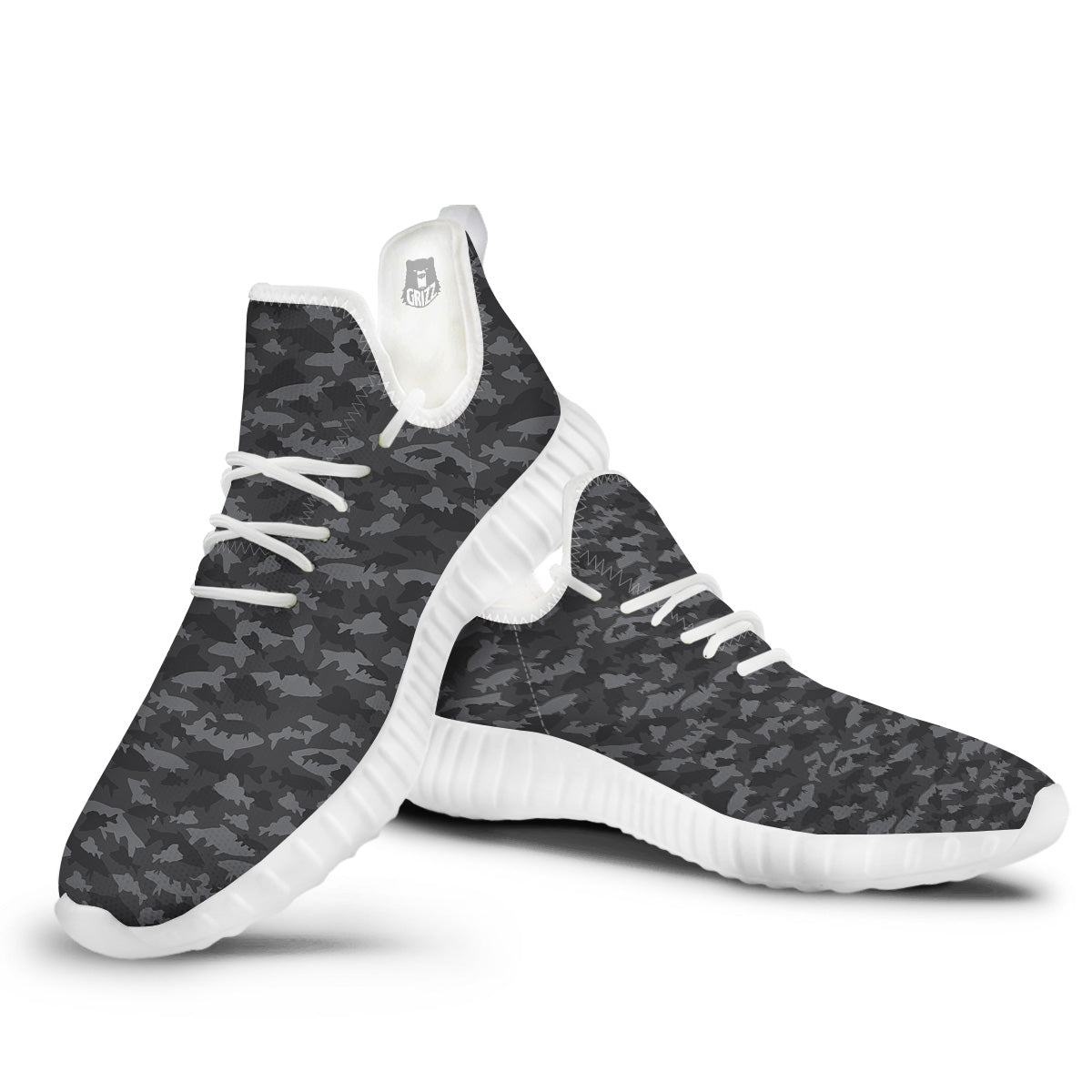 Fish Camouflage Grey Print Pattern White Walking Shoes-grizzshop