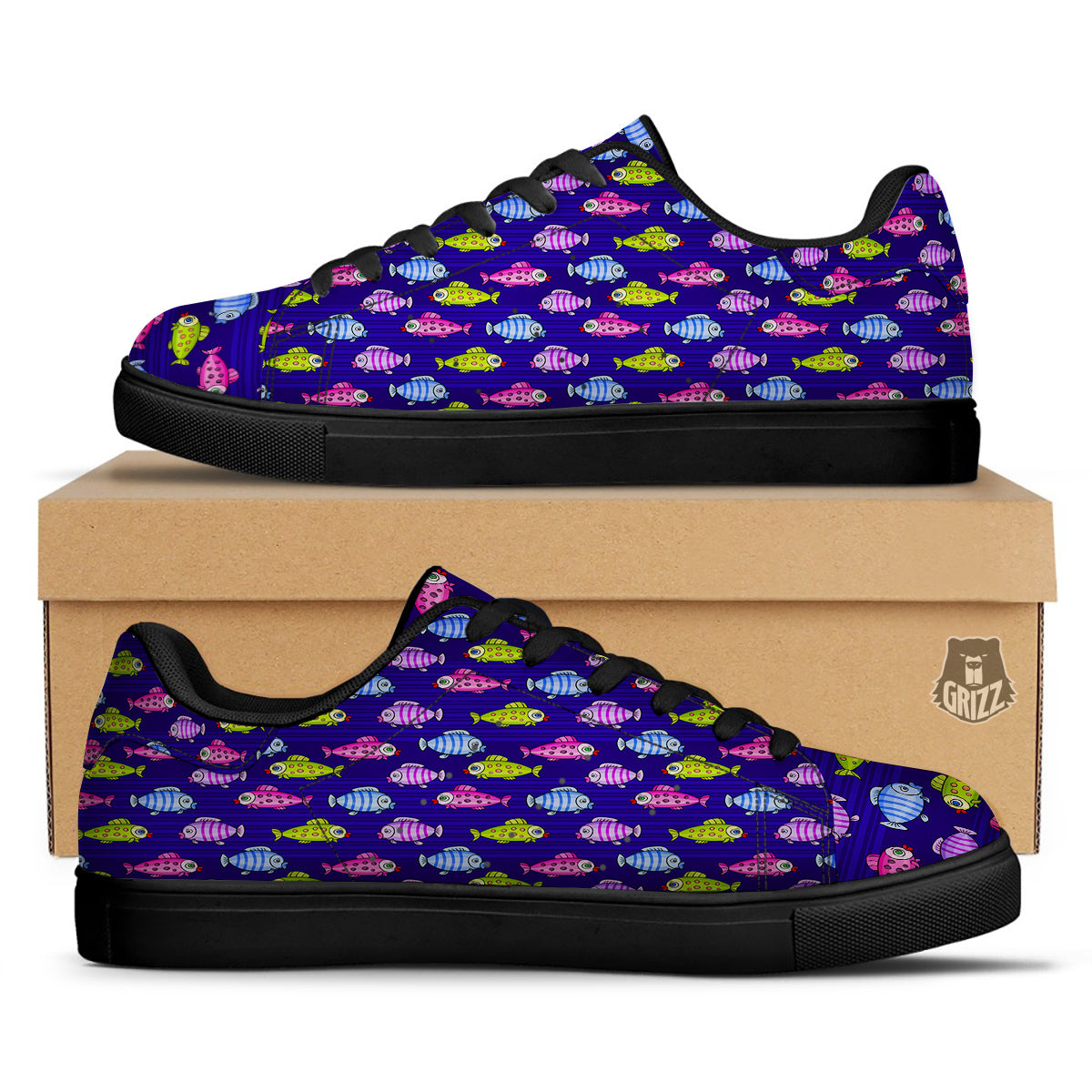 Fish Cartoon Print Pattern Black Low Top Sneakers-grizzshop
