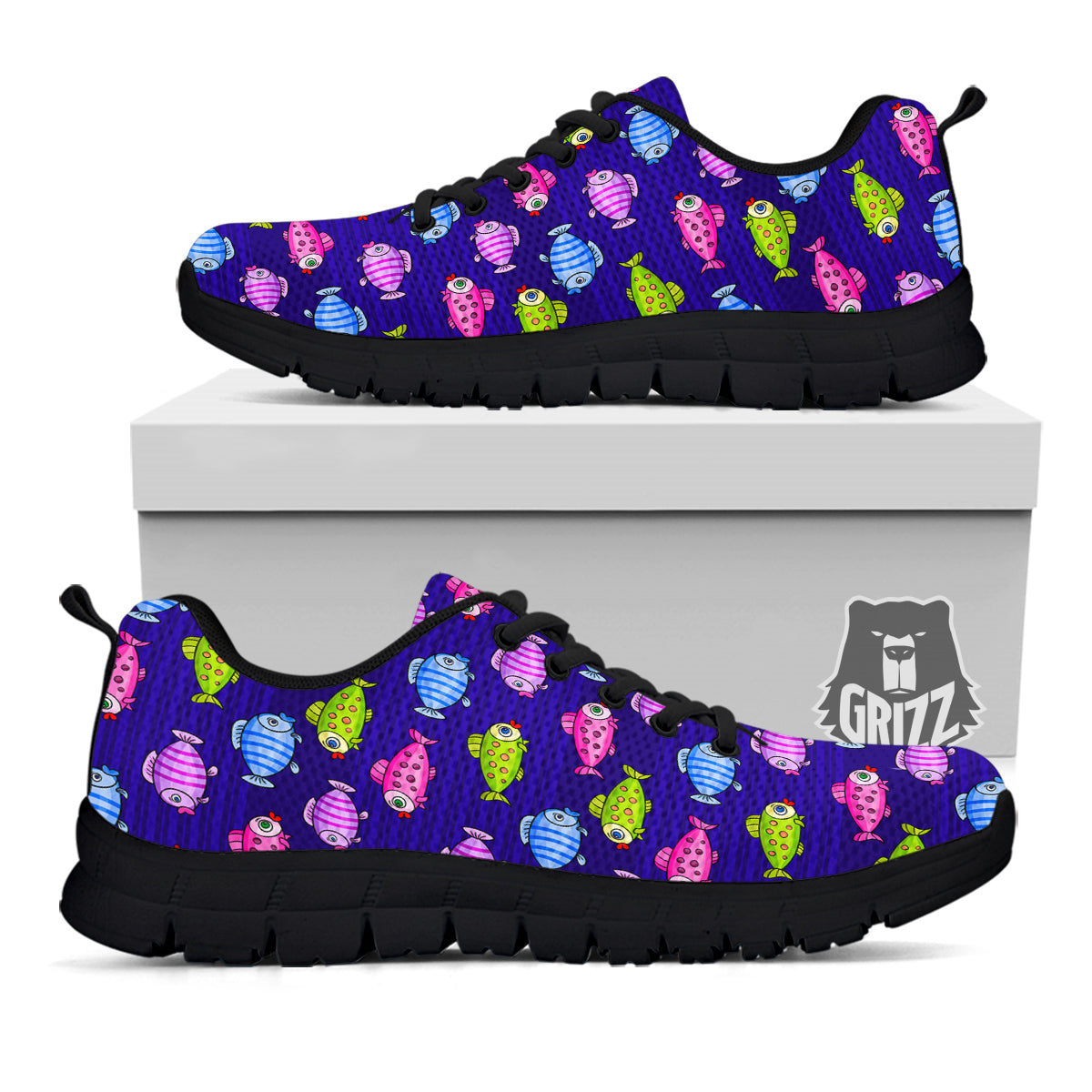 Fish Cartoon Print Pattern Black Sneaker-grizzshop