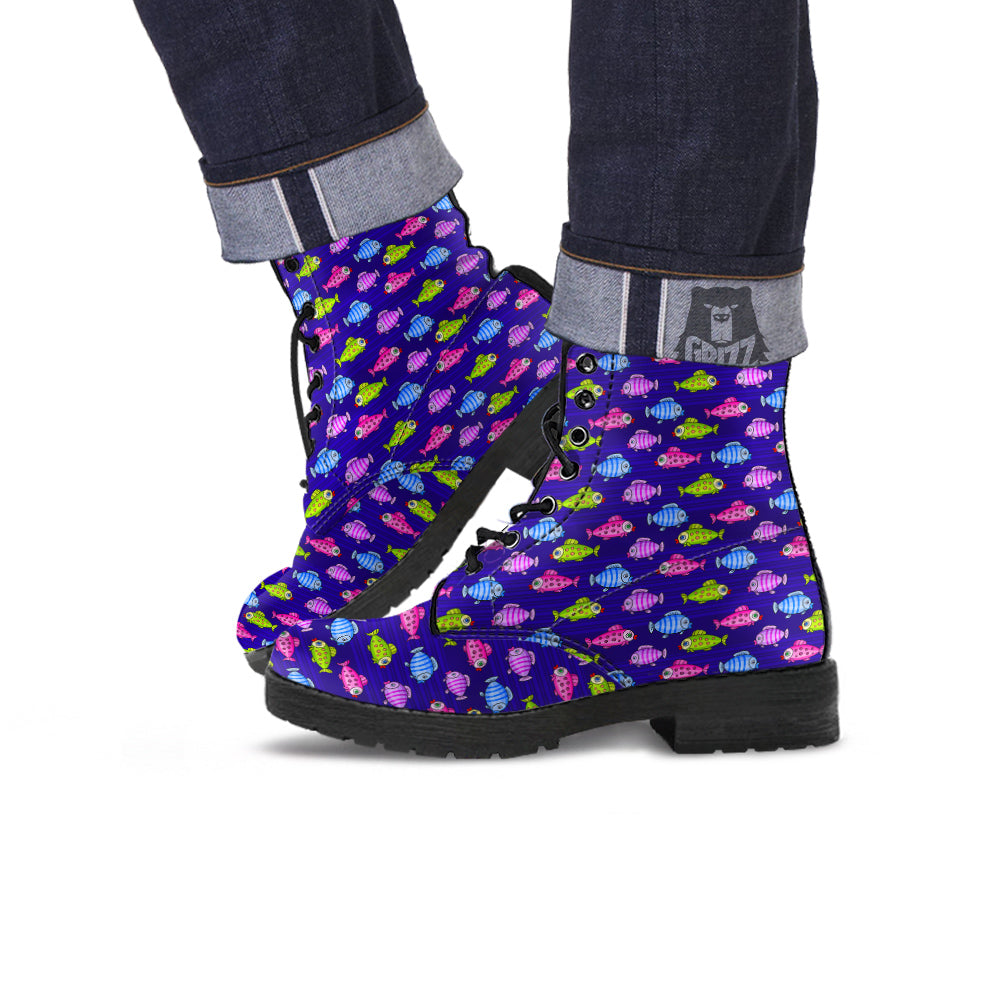 Fish Cartoon Print Pattern Leather Boots-grizzshop