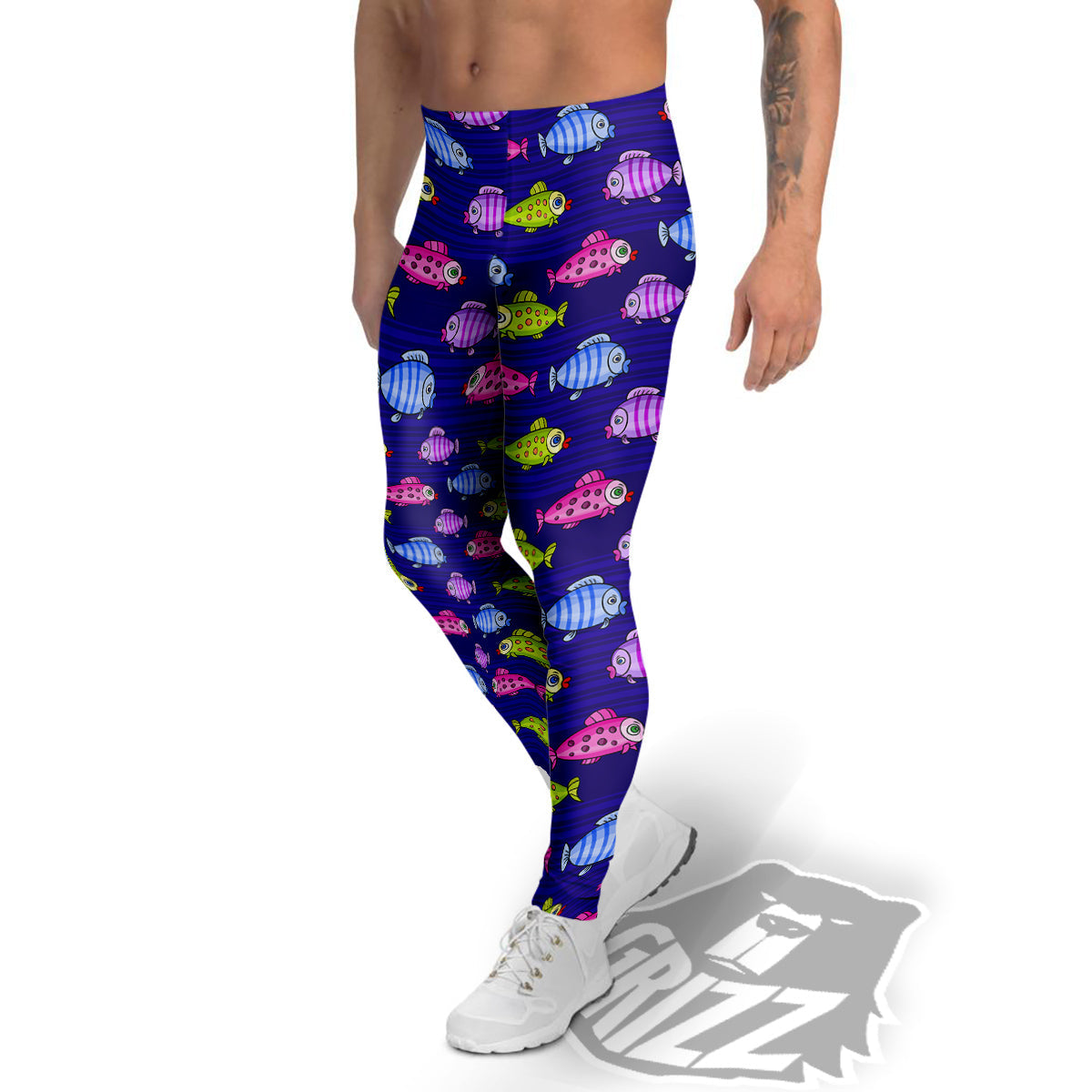 Fish Cartoon Print Pattern Men's Leggings-grizzshop