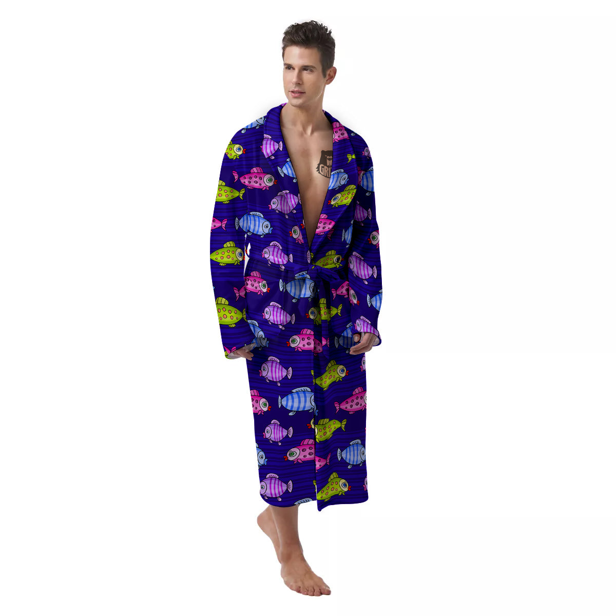 Fish Cartoon Print Pattern Men's Robe-grizzshop
