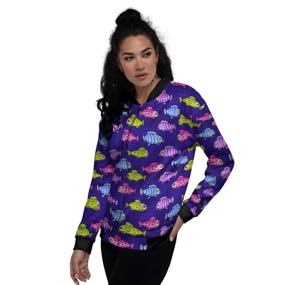 Fish Cartoon Print Pattern Women's Bomber Jacket-grizzshop