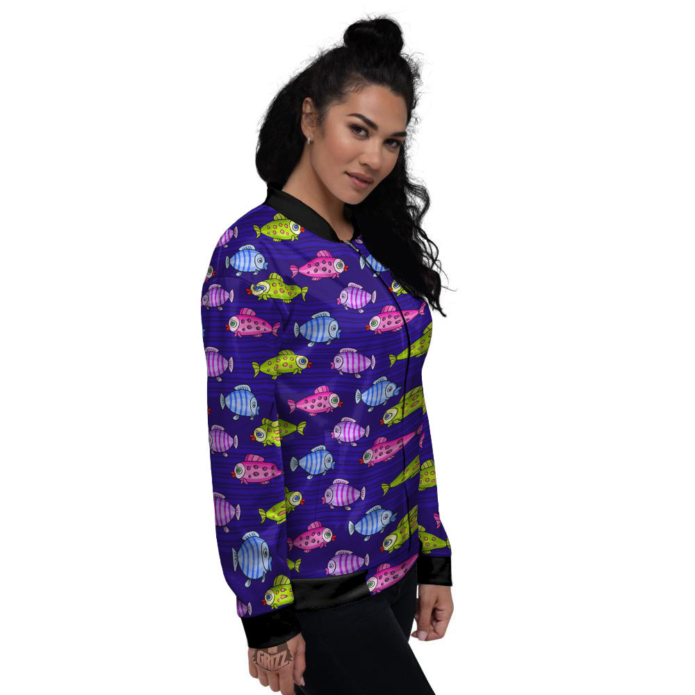 Fish Cartoon Print Pattern Women's Bomber Jacket-grizzshop
