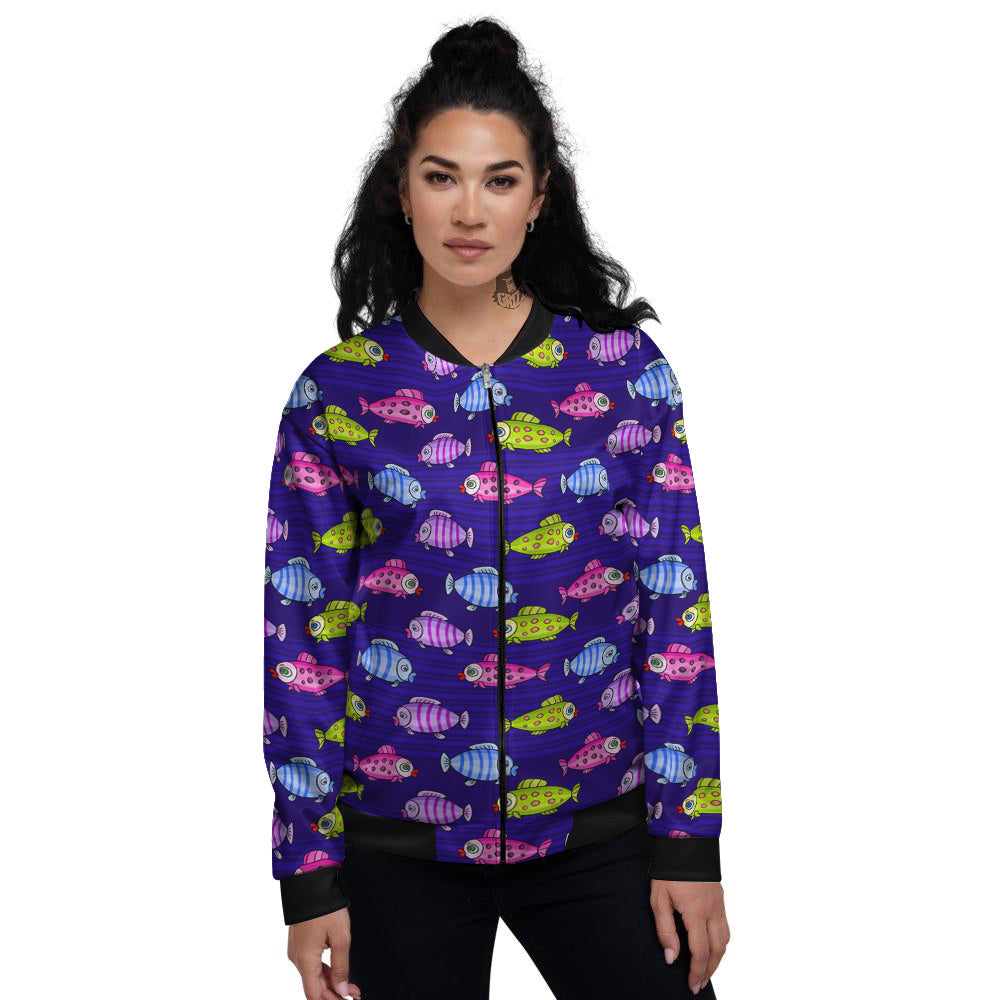 Fish Cartoon Print Pattern Women's Bomber Jacket-grizzshop
