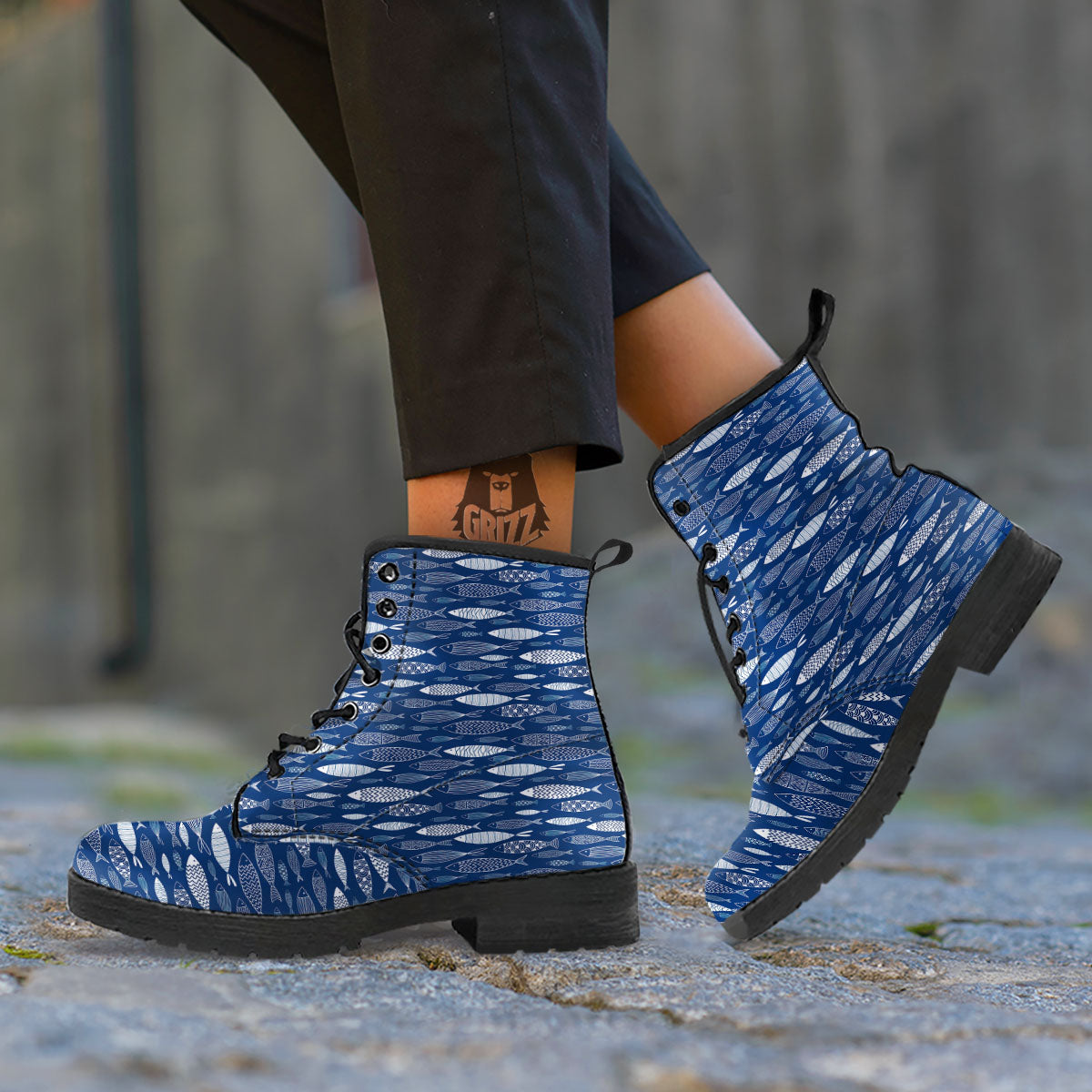 Fish Ornamental Print Pattern Leather Boots-grizzshop