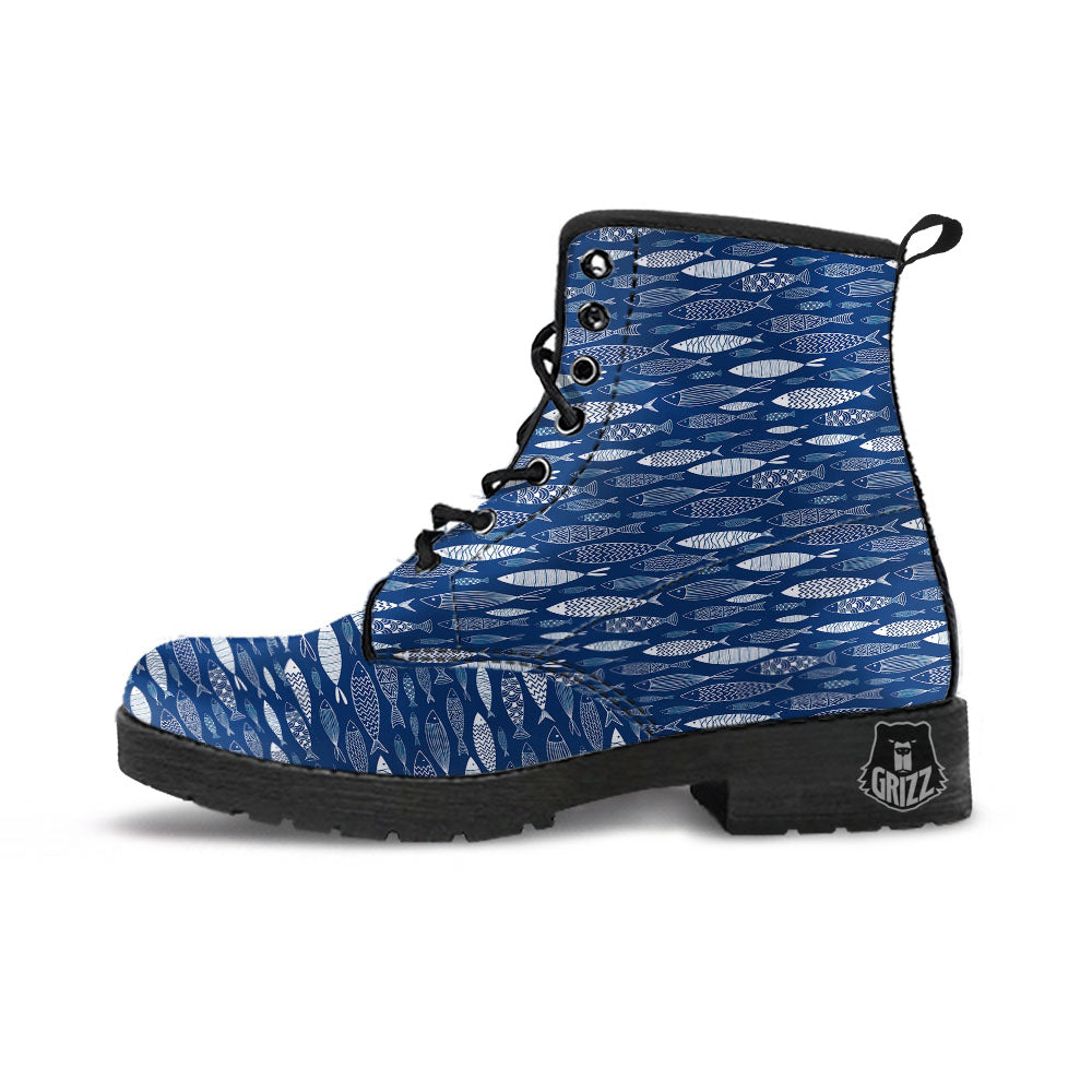 Fish Ornamental Print Pattern Leather Boots-grizzshop