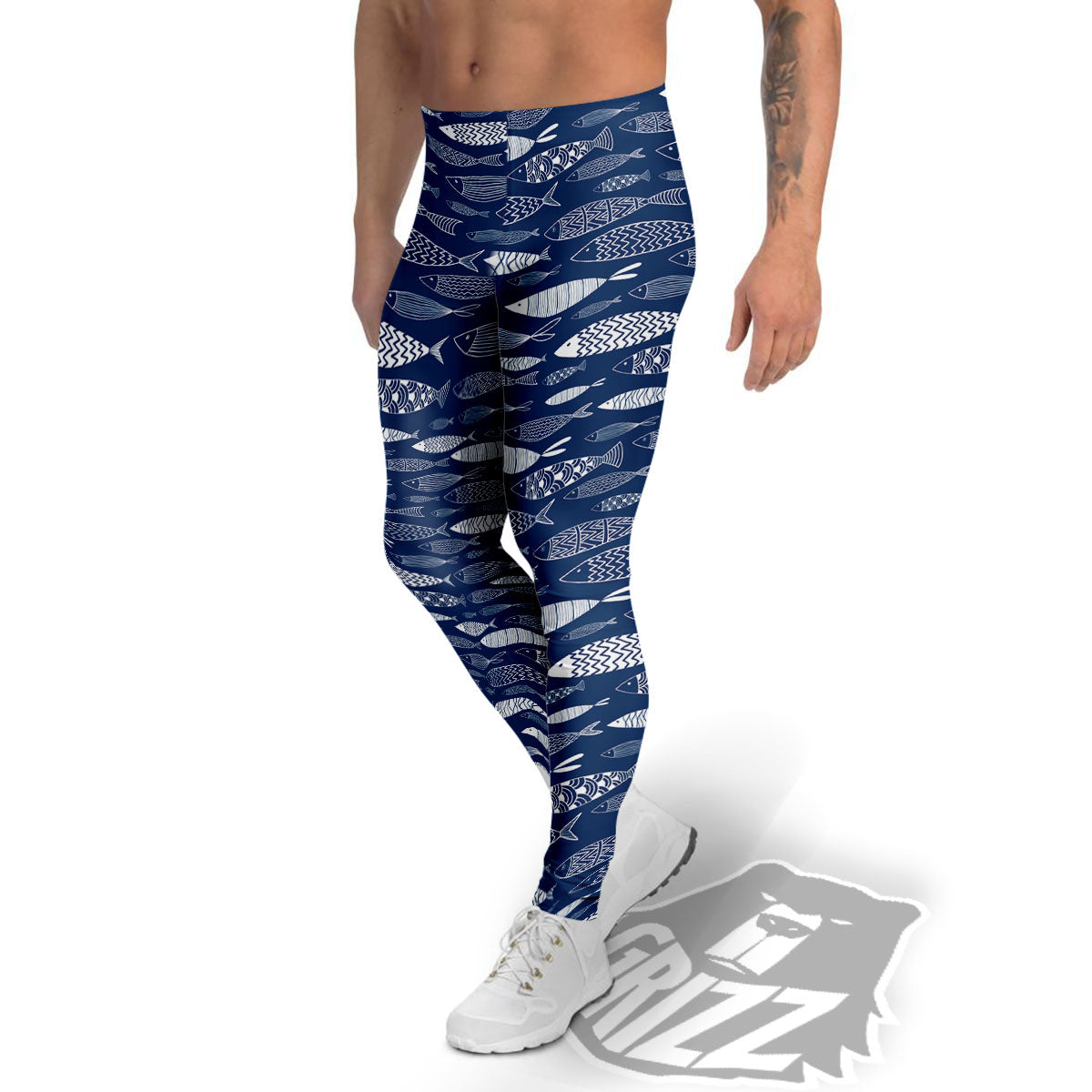 Fish Ornamental Print Pattern Men's Leggings-grizzshop