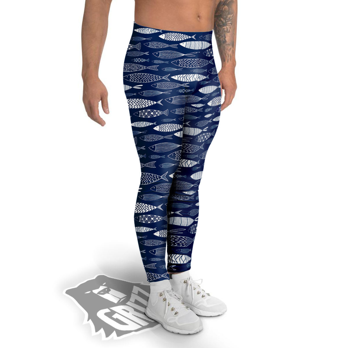 Fish Ornamental Print Pattern Men's Leggings-grizzshop