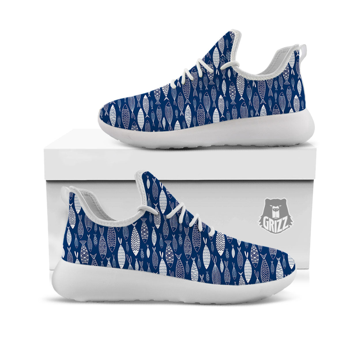 Fish Ornamental Print Pattern White Athletic Shoes-grizzshop