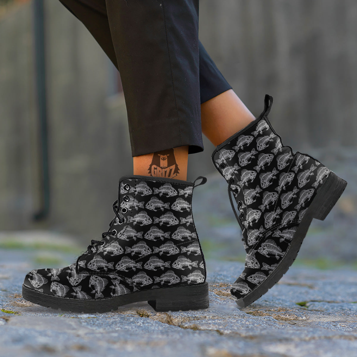 Fish Skeleton Print Pattern Leather Boots-grizzshop