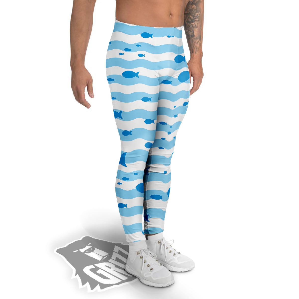 Fish Swimming In Blue Sea Print Pattern Men's Leggings-grizzshop