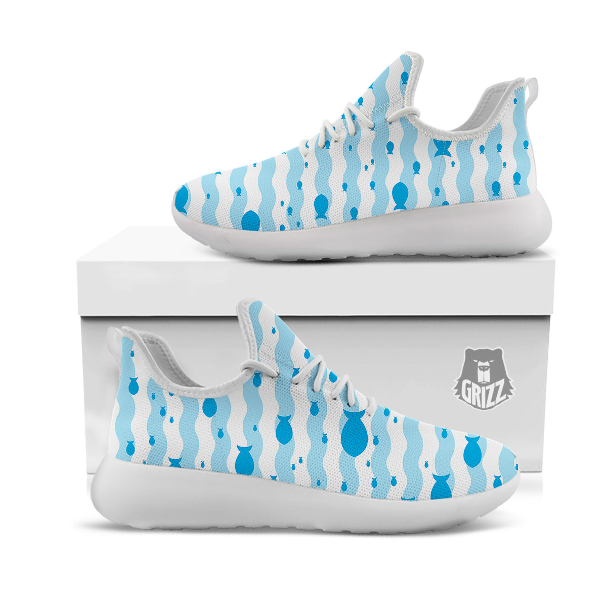 Fish Swimming In Blue Sea Print Pattern White Athletic Shoes-grizzshop