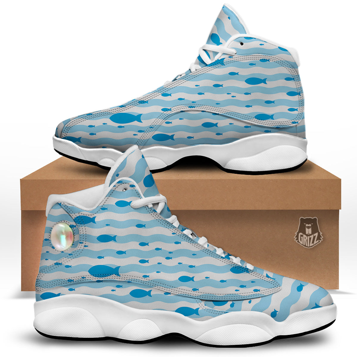 Fish Swimming In Blue Sea Print Pattern White Basketball Shoes-grizzshop