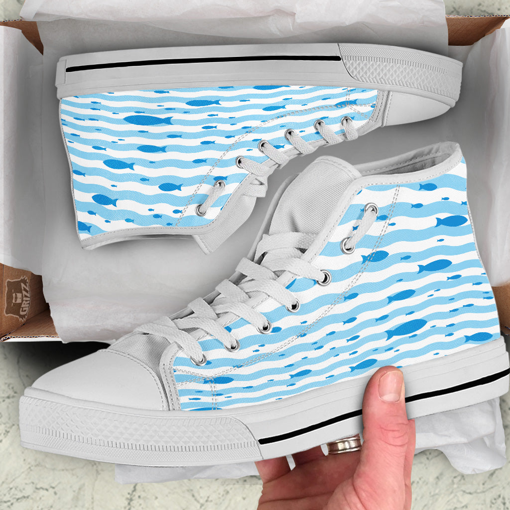 Fish Swimming In Blue Sea Print Pattern White High Top Shoes-grizzshop